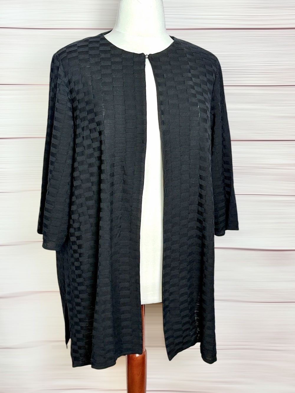 Misook Women 3X Black Long Cardigan Textured Checkerboard Knit Open Front